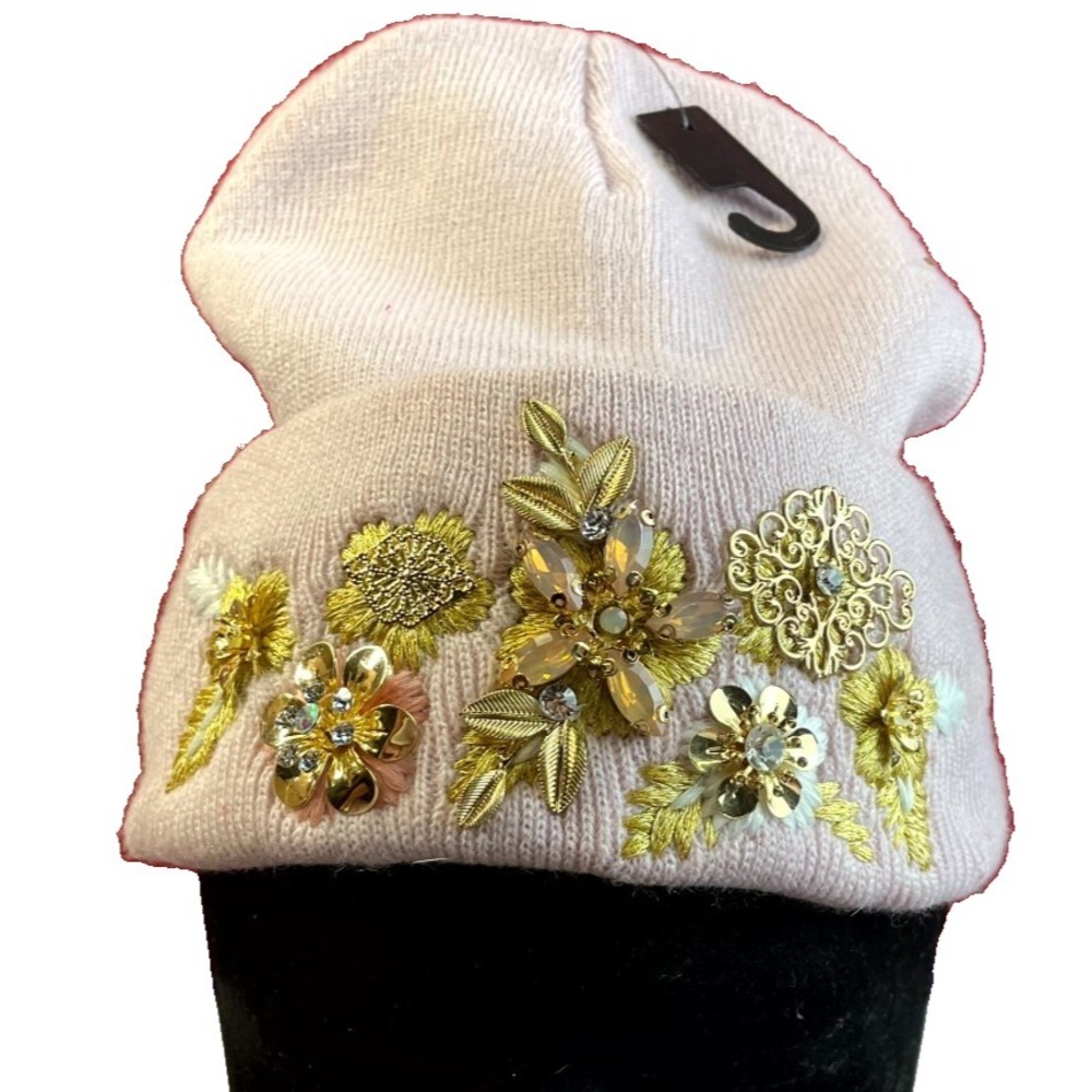Natasha Couture Cuffed Beanie Cap Womens Pink Knit Crystal Floral Embellishments